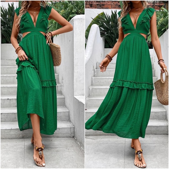 Sexy Lace up back cut out Ruffle Sleeve Maxi Dress - Picture 3 of 4